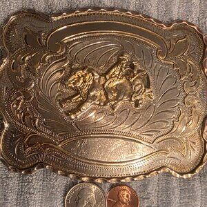 Vintage Metal Belt Buckle, Big Size, Bull Riding, Brass and Alpaca Silver, Texas